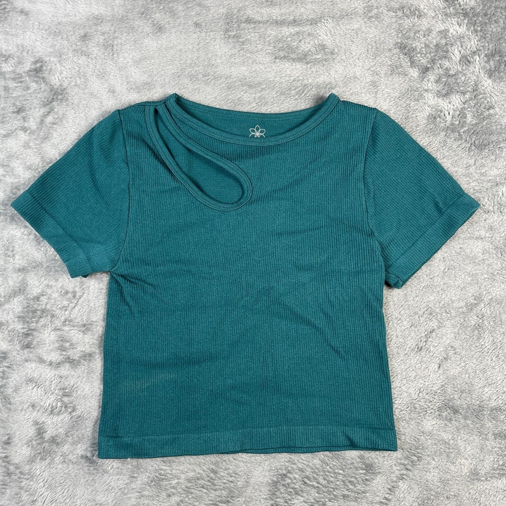Aura Cropped Top Womens 2XS/XS Teal Blue Asymmetrical Cutout Knit Stretch Ribbed
